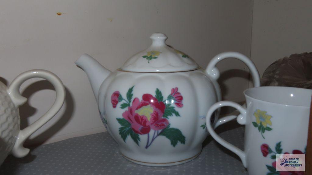 Laura...Ashley...teapot and cups. Other teapot. Mouse cheese saver. Etc.
