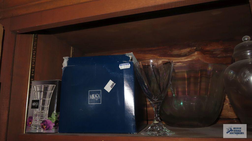 Shelf lot of glassware, including cake plate...and vases