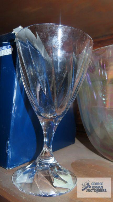 Shelf lot of glassware, including cake plate...and vases