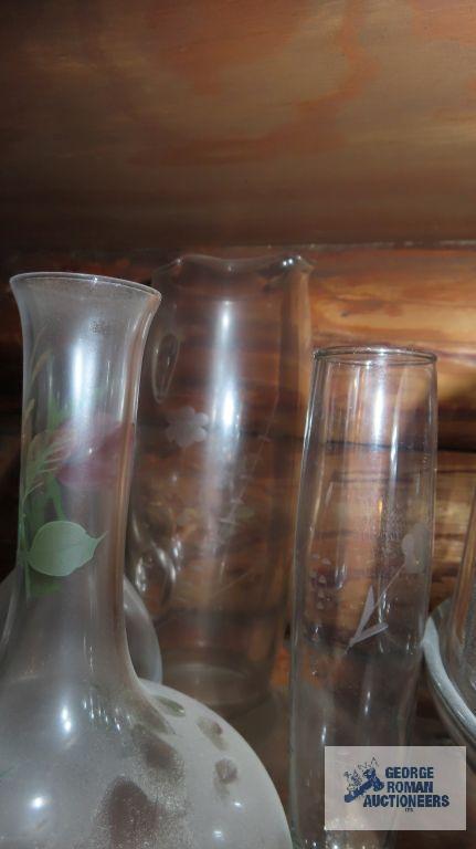 Shelf lot of glassware, including cake plate...and vases