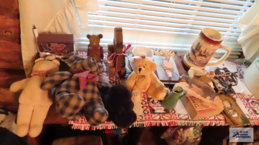 Assorted bear items and mug and wood items