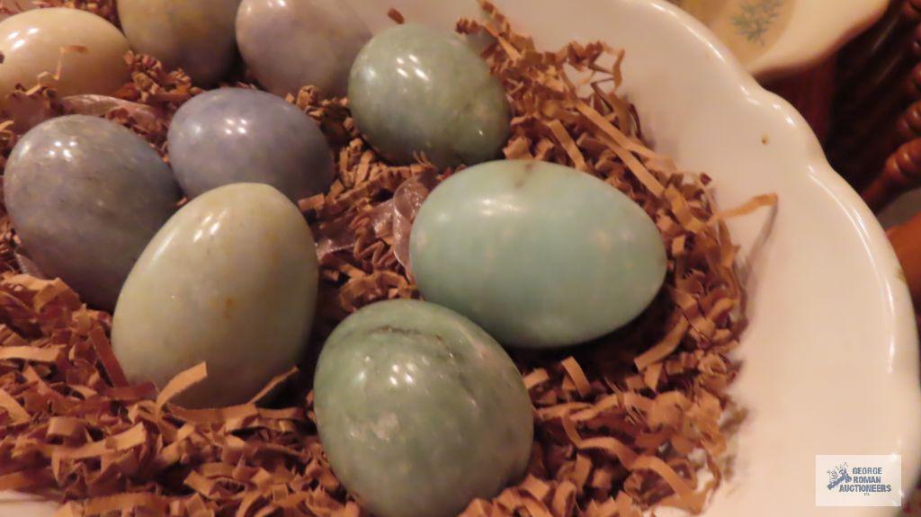 Dish of alabaster or marble eggs and friend pie plate