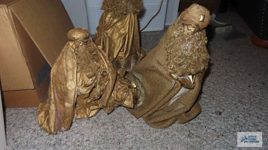 Three wisemen figurines. Assorted Christmas decorations and ornaments.
