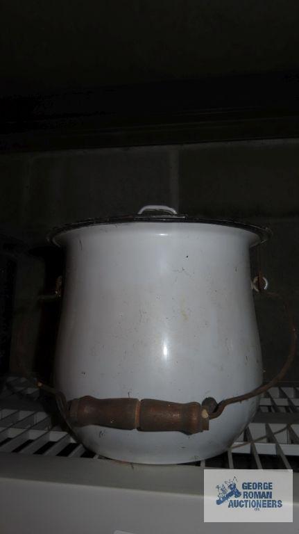 vintage enamelware chamber pot with lid and wood handle