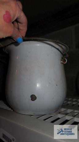 vintage enamelware chamber pot with lid and wood handle
