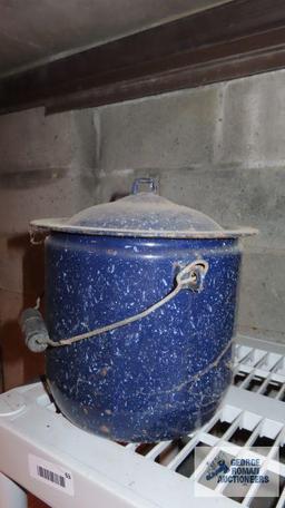 vintage enamelware chamber pot with lid and wood handle, blue