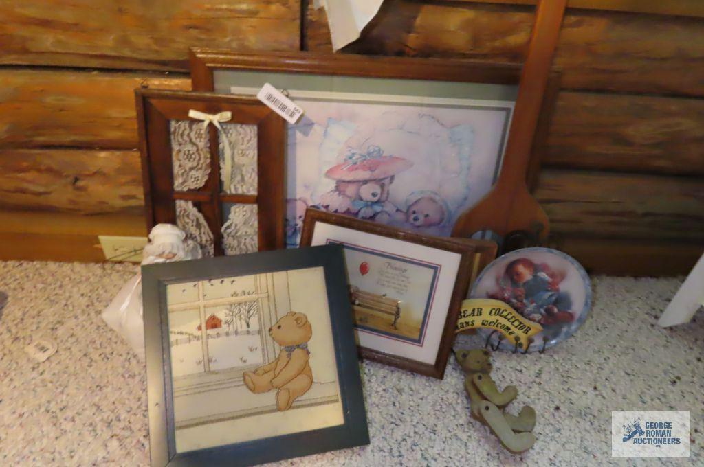 Teddy bear cross stitch, teddy bear pictures, baby Collector plate, and other wooden items