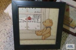 Teddy bear cross stitch, teddy bear pictures, baby Collector plate, and other wooden items