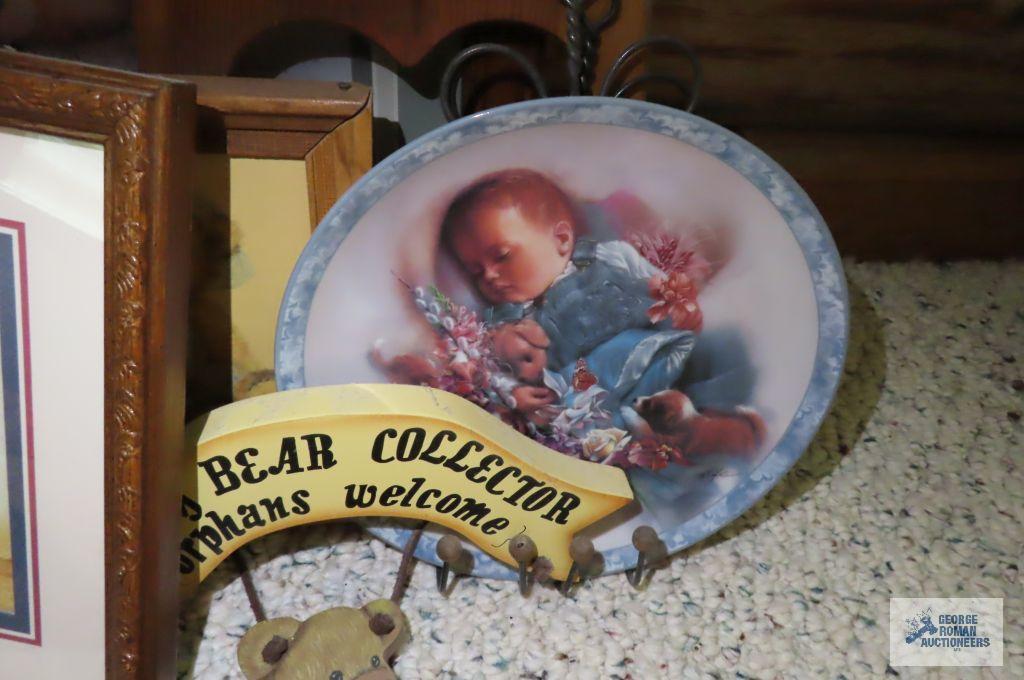 Teddy bear cross stitch, teddy bear pictures, baby Collector plate, and other wooden items