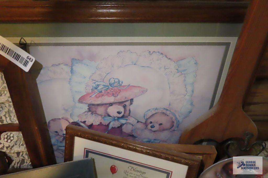 Teddy bear cross stitch, teddy bear pictures, baby Collector plate, and other wooden items