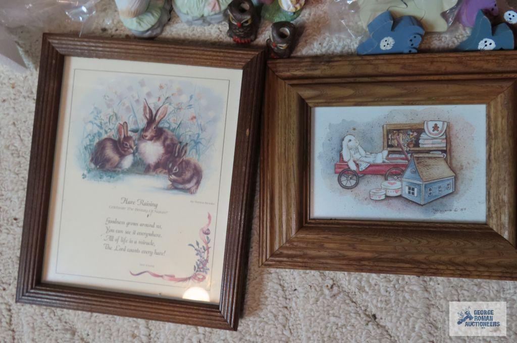 Avon Christmas plates, rabbit prints, candles, wooden decorative rabbits, etc