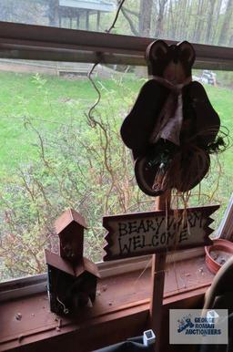 Lot of wooden decorations and birdhouse print