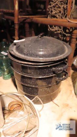 Two Granite ware canners, aluminum strainers and etc