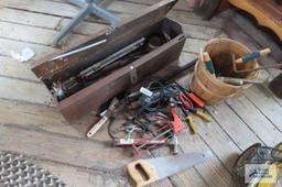 Lot of hand tools, gardening supplies and etc with metal toolbox