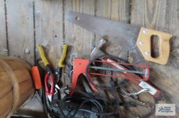 Lot of hand tools, gardening supplies and etc with metal toolbox