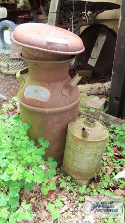 Antique milk can, gas can, student desk, outdoor table and planters