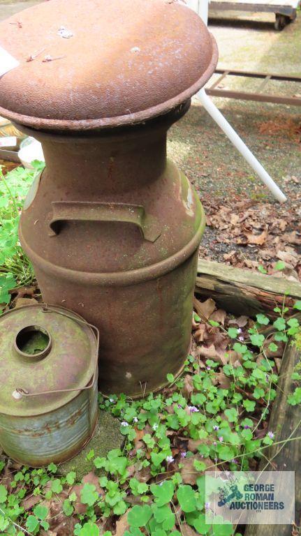 Antique milk can, gas can, student desk, outdoor table and planters