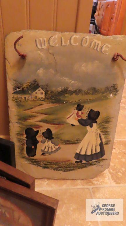 Slate painting and assorted Amish pictures
