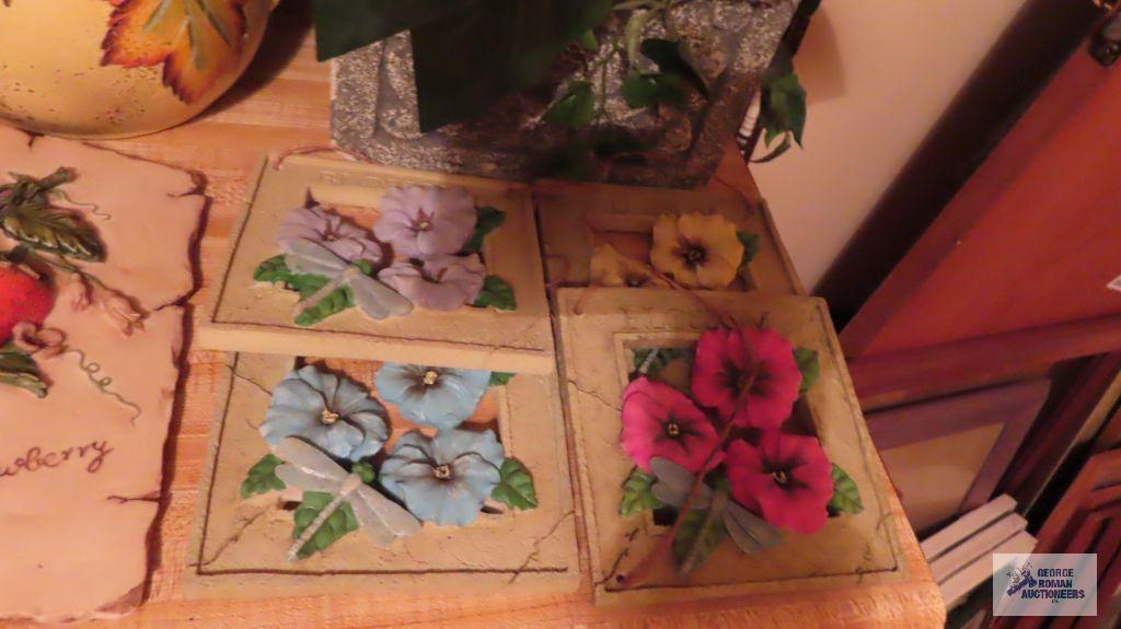 Ceramic fruit and floral plaque and decorative plants