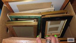 Variety of craft items and various frames. Includes rolling plastic storage cabinet