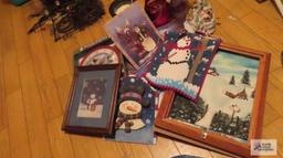 Assorted Santa...pictures and decorations, including wall clock