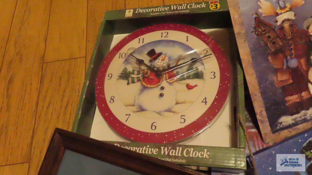 Assorted Santa...pictures and decorations, including wall clock