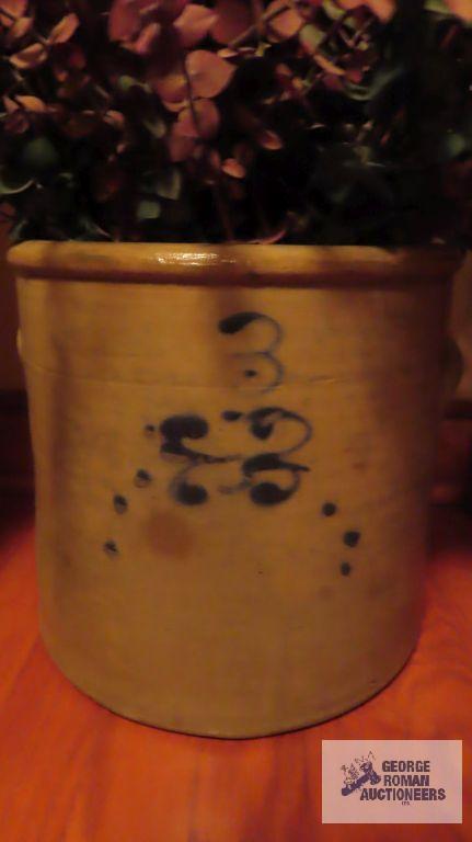 Number three blue marking vintage crock with plants