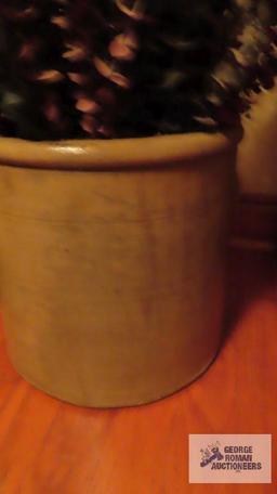 Number three blue marking vintage crock with plants