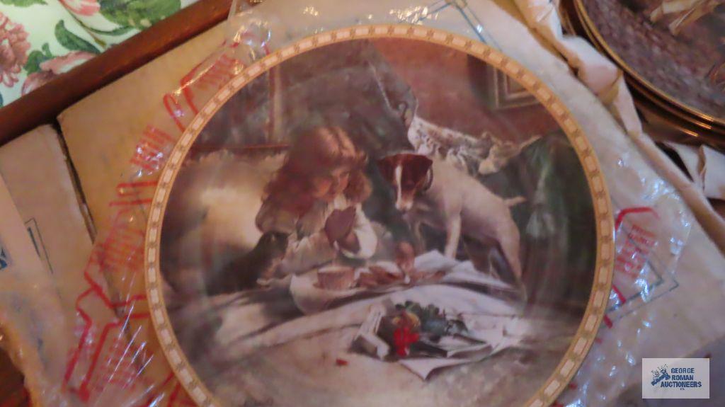 Two Royal Doulton hanging plates and three Knowles plates of the old west