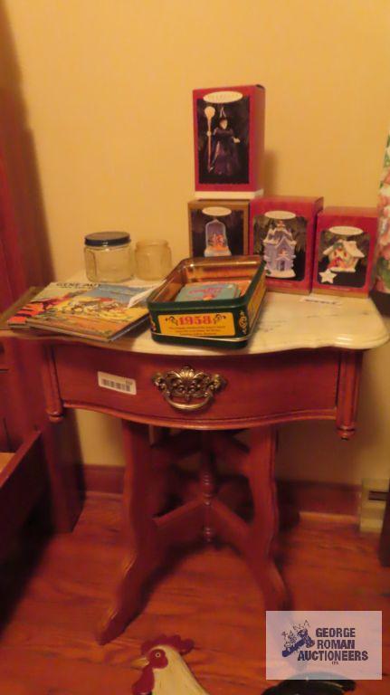 Oak...one drawer pedestal table with marble top