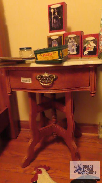 Oak...one drawer pedestal table with marble top