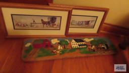 Wooden painted board and two other pictures of Amish life