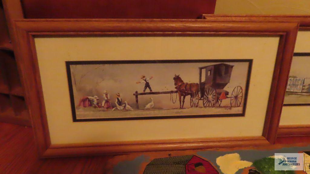 Wooden painted board and two other pictures of Amish life