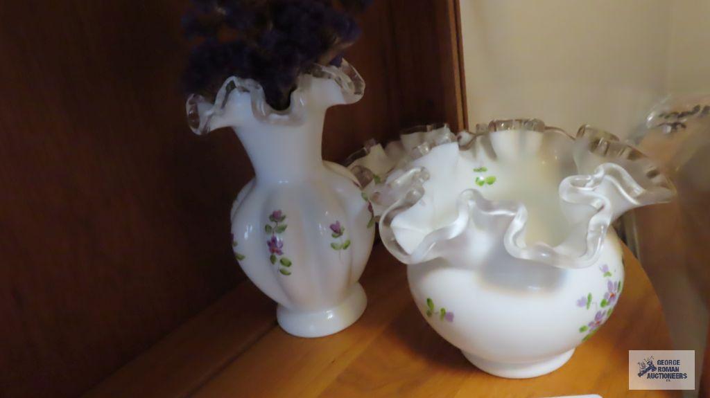 Three pieces of Fenton painted with purple flowers