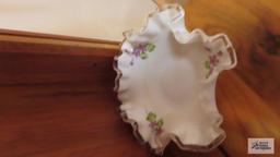 Three pieces of Fenton painted with purple flowers