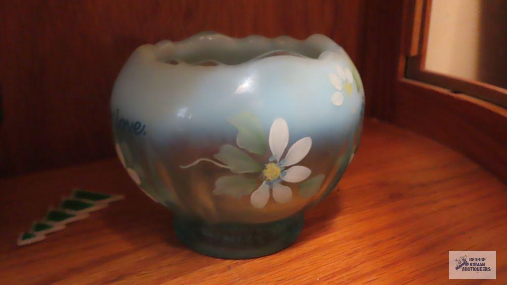 Carnival footed bowl. Ceramic painted trinket holder. Fenton hand painted rose bowl.