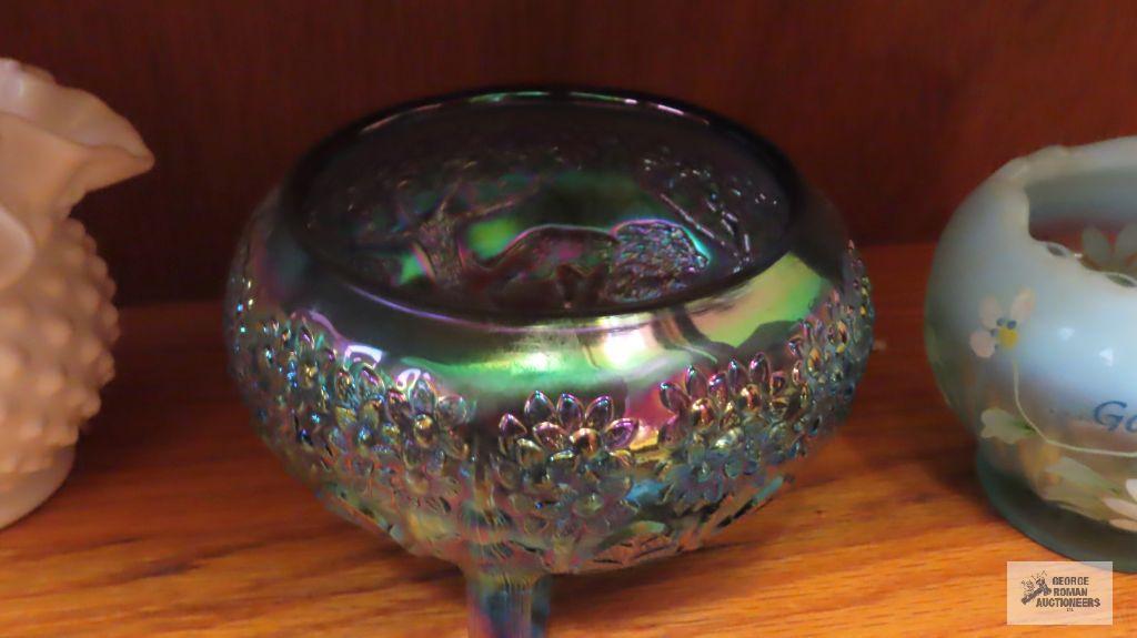 Carnival footed bowl. Ceramic painted trinket holder. Fenton hand painted rose bowl.