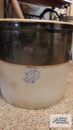 Floral 6 gallon crock with miscellaneous wooden pieces