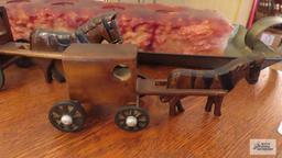 Two wood horse and buggies. Multiple candle on tin tray. 50s tin...milk carrier.