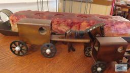 Two wood horse and buggies. Multiple candle on tin tray. 50s tin...milk carrier.