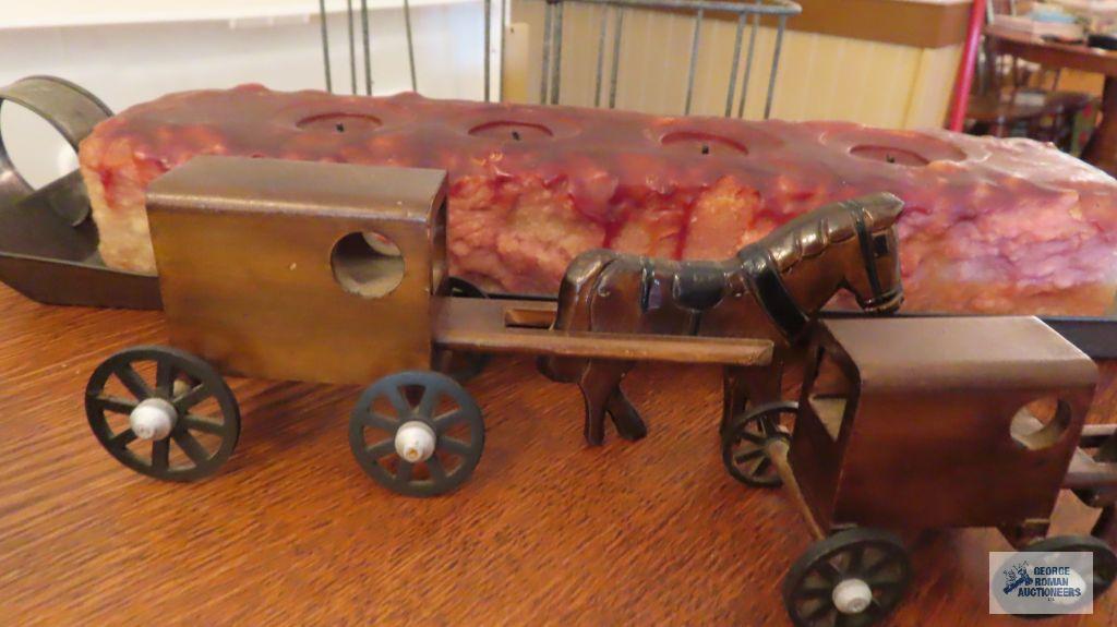Two wood horse and buggies. Multiple candle on tin tray. 50s tin...milk carrier.