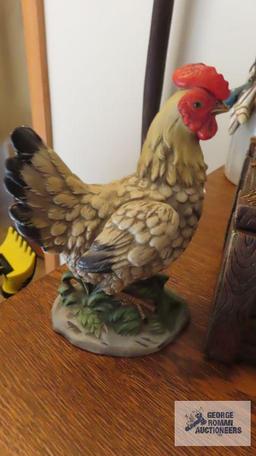 Chicken nest clock and two rooster figurines