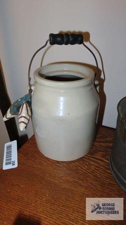 Tin milk can and crock container with metal handle