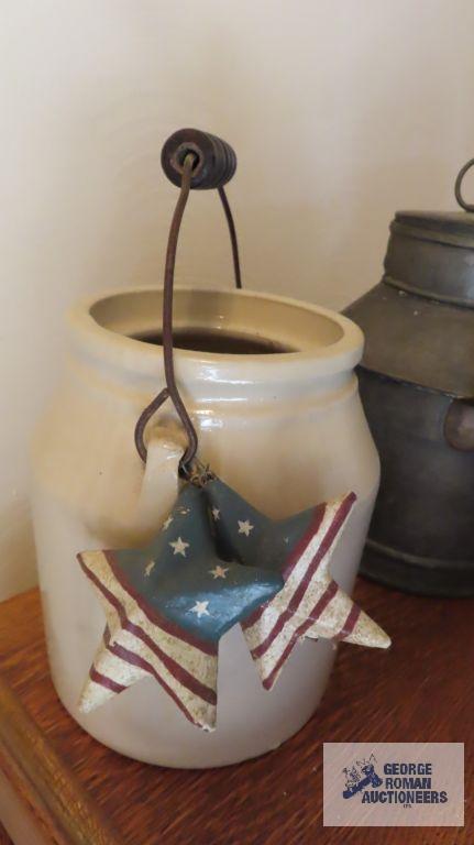 Tin milk can and crock container with metal handle