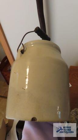 Tin milk can and crock container with metal handle