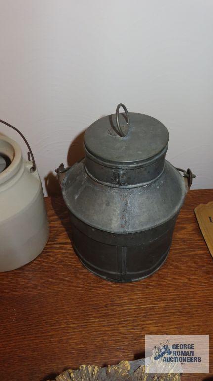 Tin milk can and crock container with metal handle