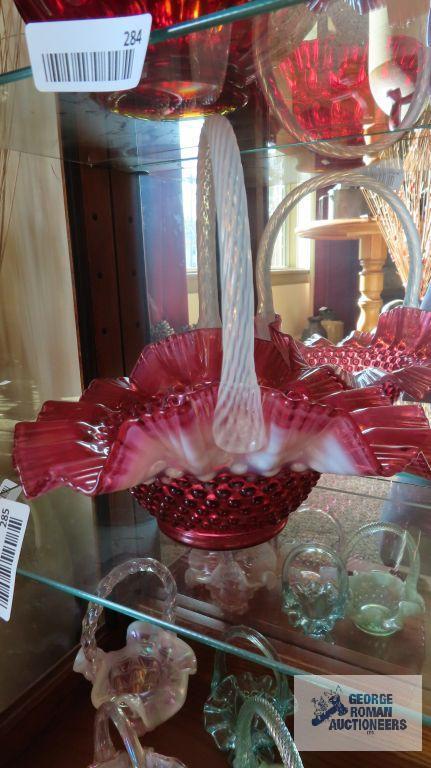 Frosted cranberry hobnail glass basket