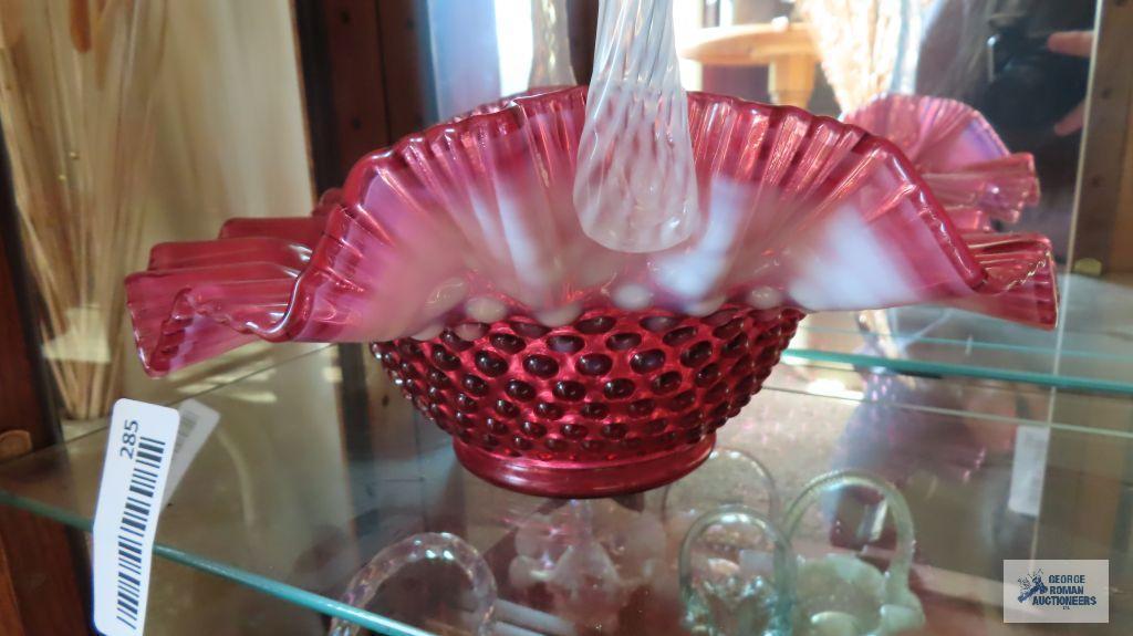 Frosted cranberry hobnail glass basket