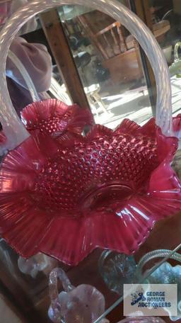 Frosted cranberry hobnail glass basket