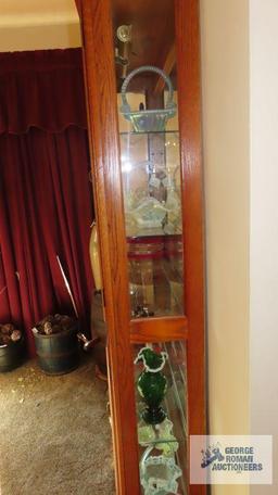 Oak lighted curio cabinet, all glass sides